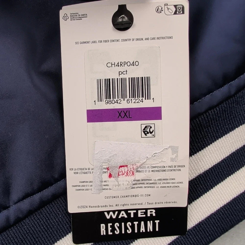 Champion Jacket Mens 2XL Navy‎ Varsity Water Resistant Quilted Lined Bomber